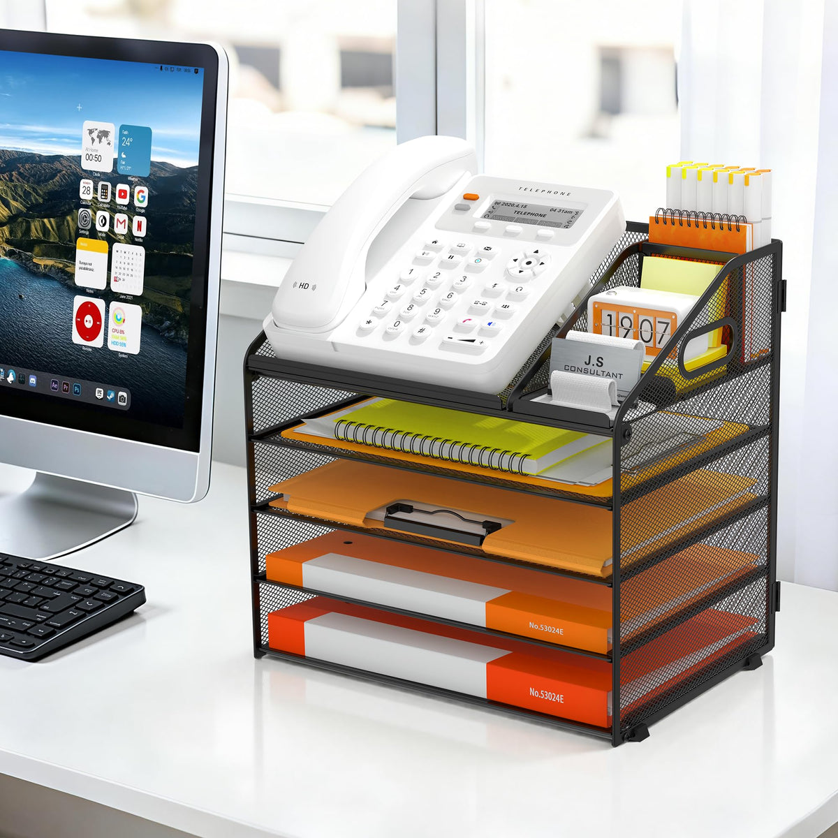 DocNest 5 Tier Metal Mesh Desk File Organizer with Phone Shelf, Black