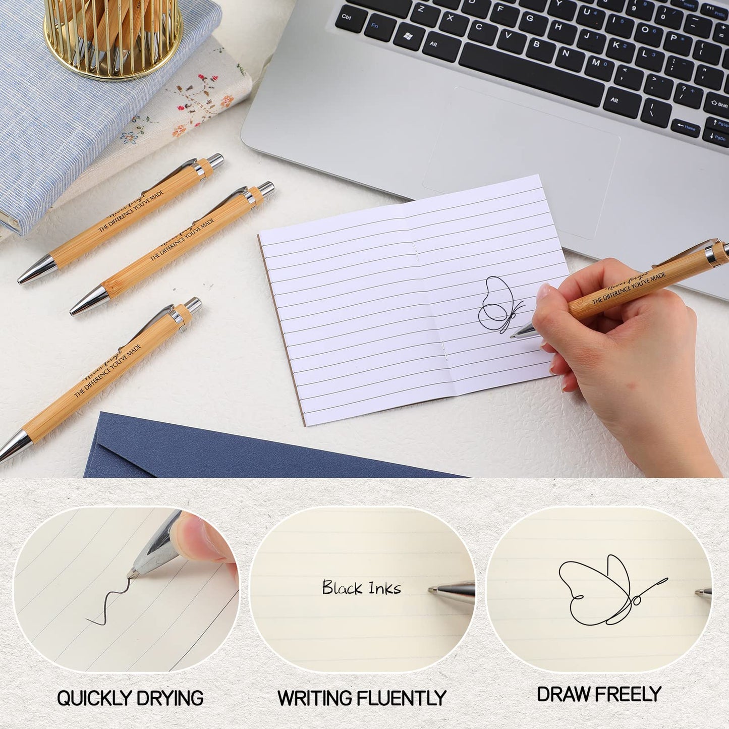 Fuutreo 50 Pcs Employee Appreciation Gift Bulk Inspirational Bamboo Pens Thanks Wood Ballpoint Pen