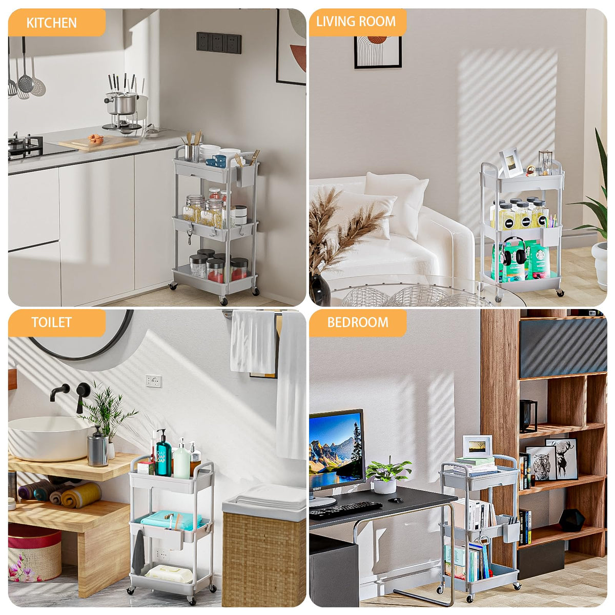 3 Tier Rolling Utility Cart with Drawer,REBECAT Utility Cart Made of Multifunctional Storage