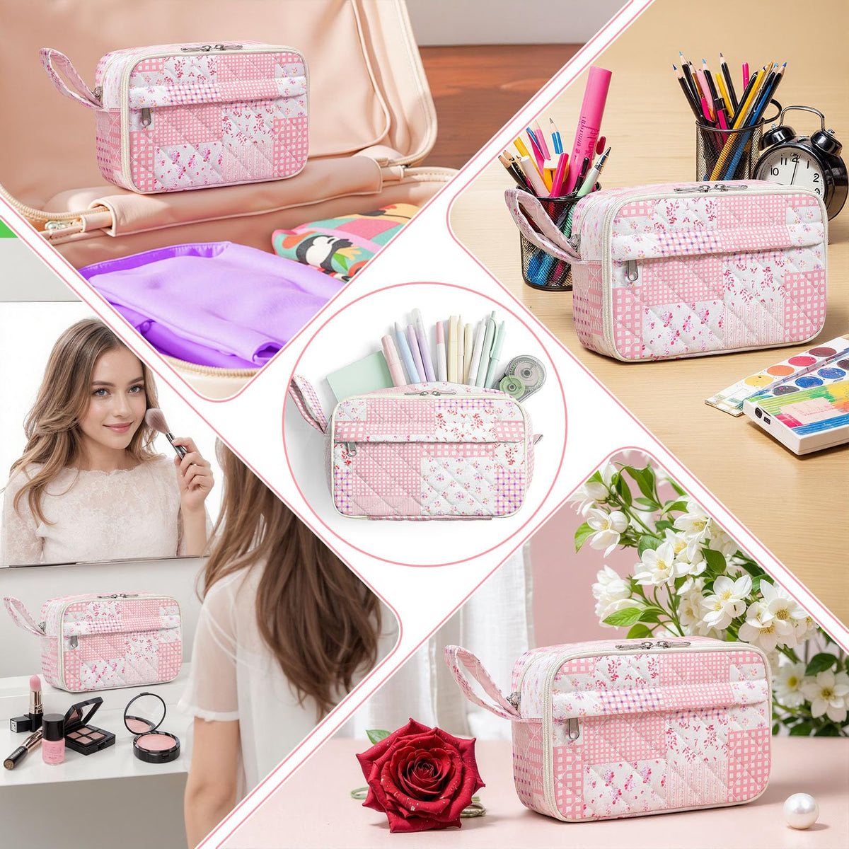 WOBAGMEN Quilted Pencil Pouch for Girls Women, Large Pencil Case Pouch with Compartments Cute