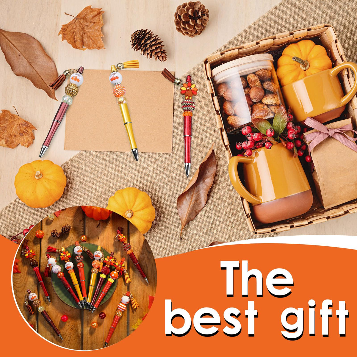 Jutom 12 Thanksgiving Bead Pens DIY Kit 50 Beads 12 Tassels Turkey Pendants