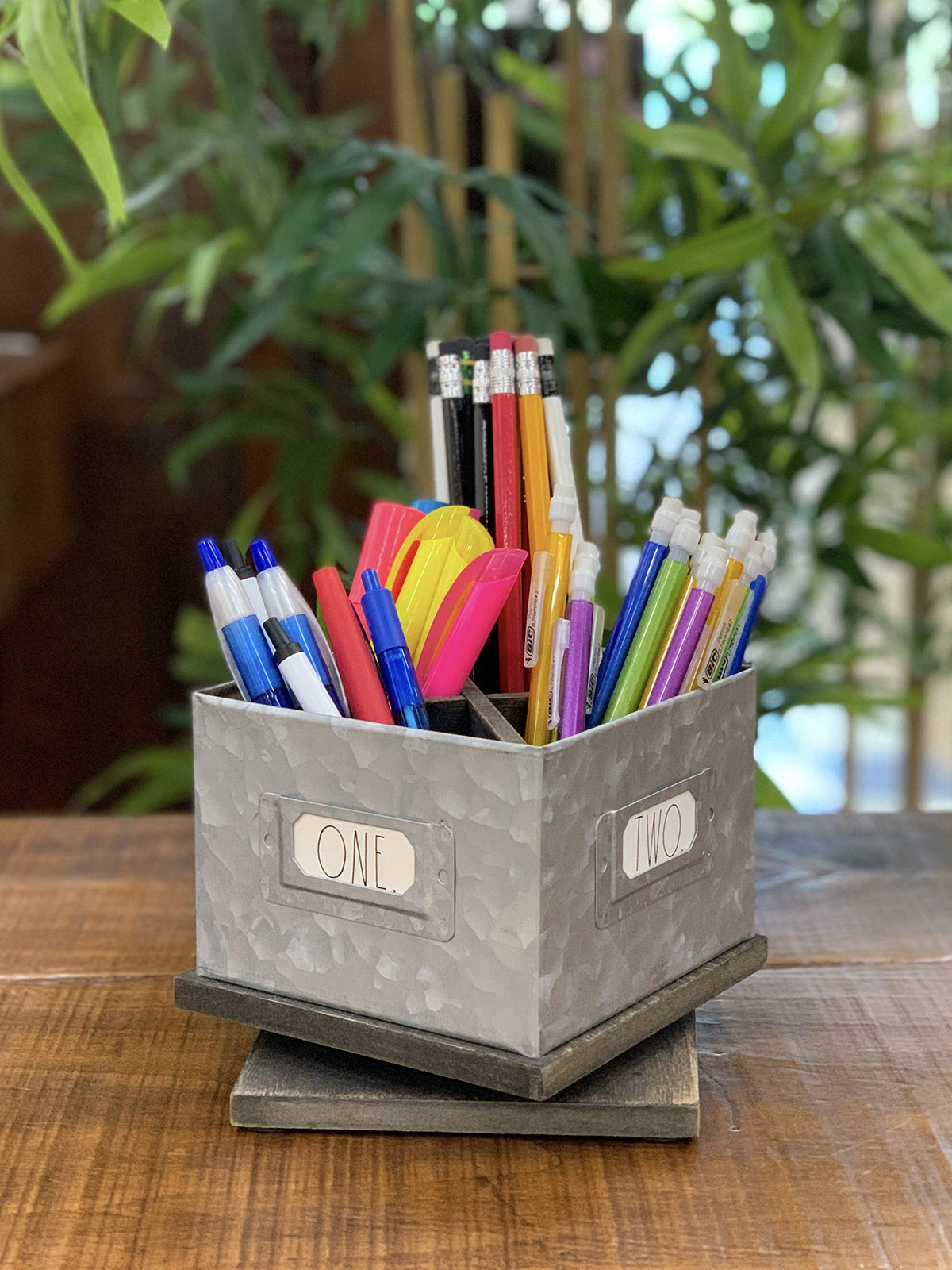Rae Dunn Rotating Decorative Pencil Cup – Galvanized Steel Desktop Stationary Spinner Holder - 4
