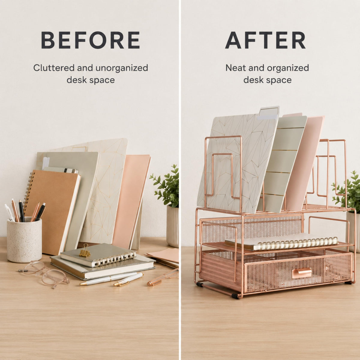 BLU MONACO | Rose Gold Desk Organizer with Drawer | Metal Desk Organizer with File Sorters and