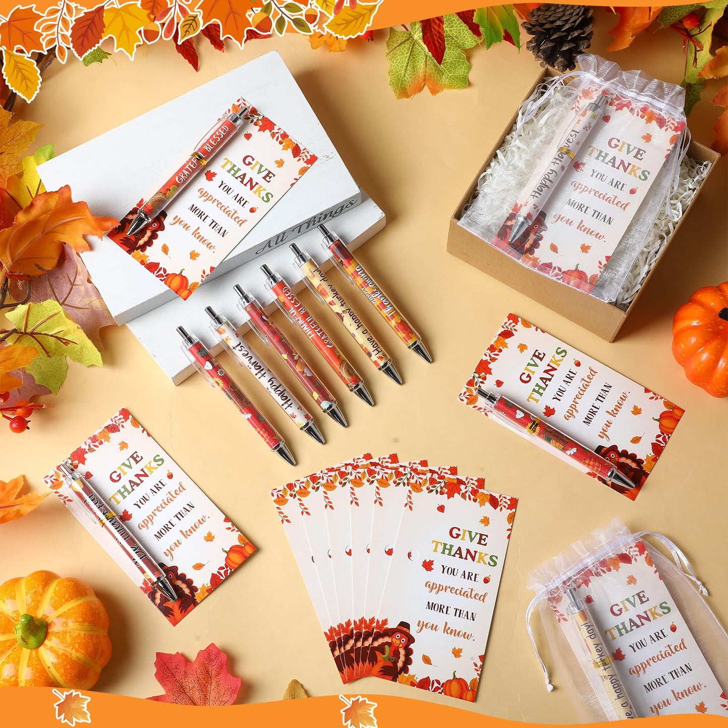 Marspark 30 Sets Fall Gifts Bulk Thanksgiving Ballpoint Pens and Cards