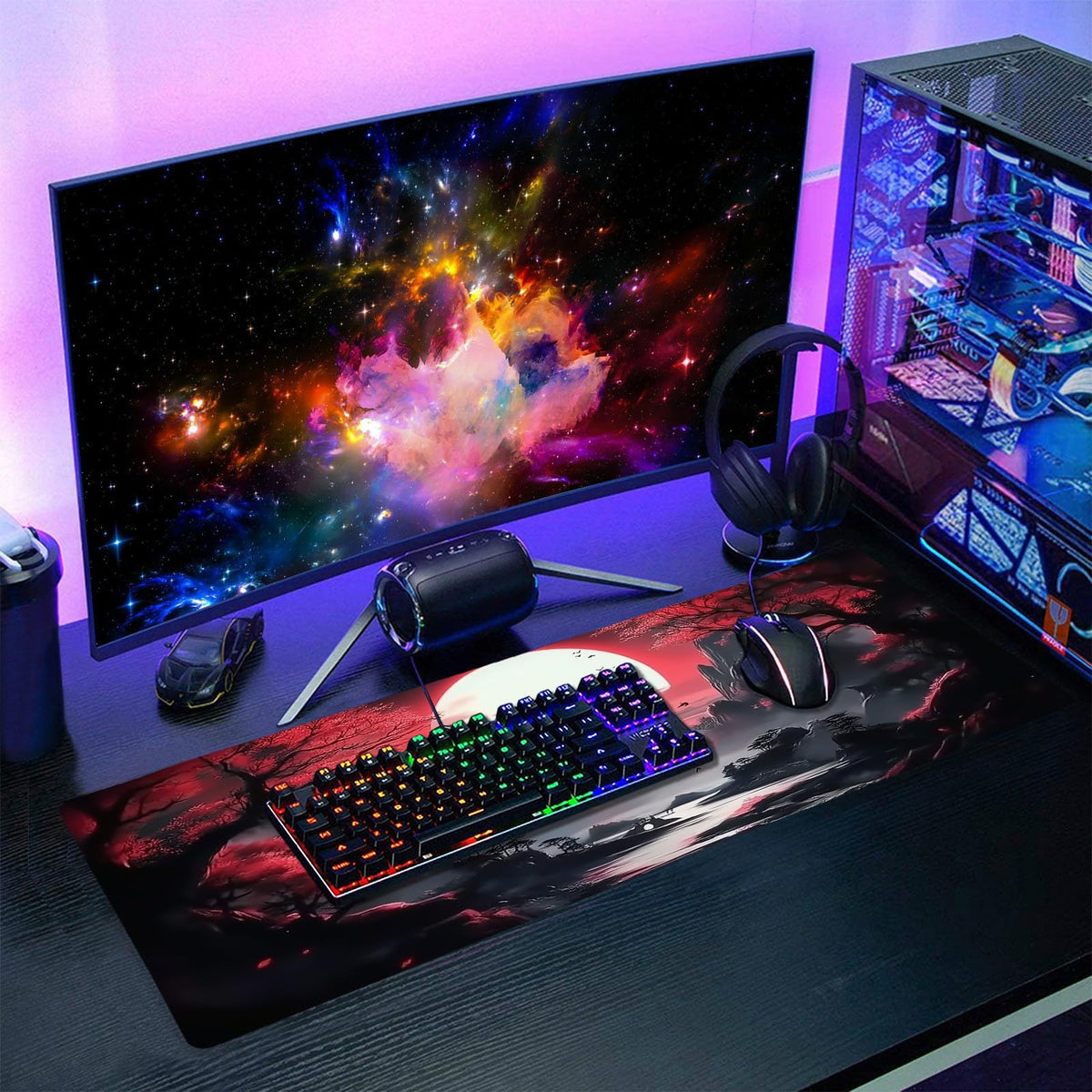 Black Red Japanese Gaming Mouse Pad XL Moon Sakura Cherry Blossom Extended Big Large Desk Mat