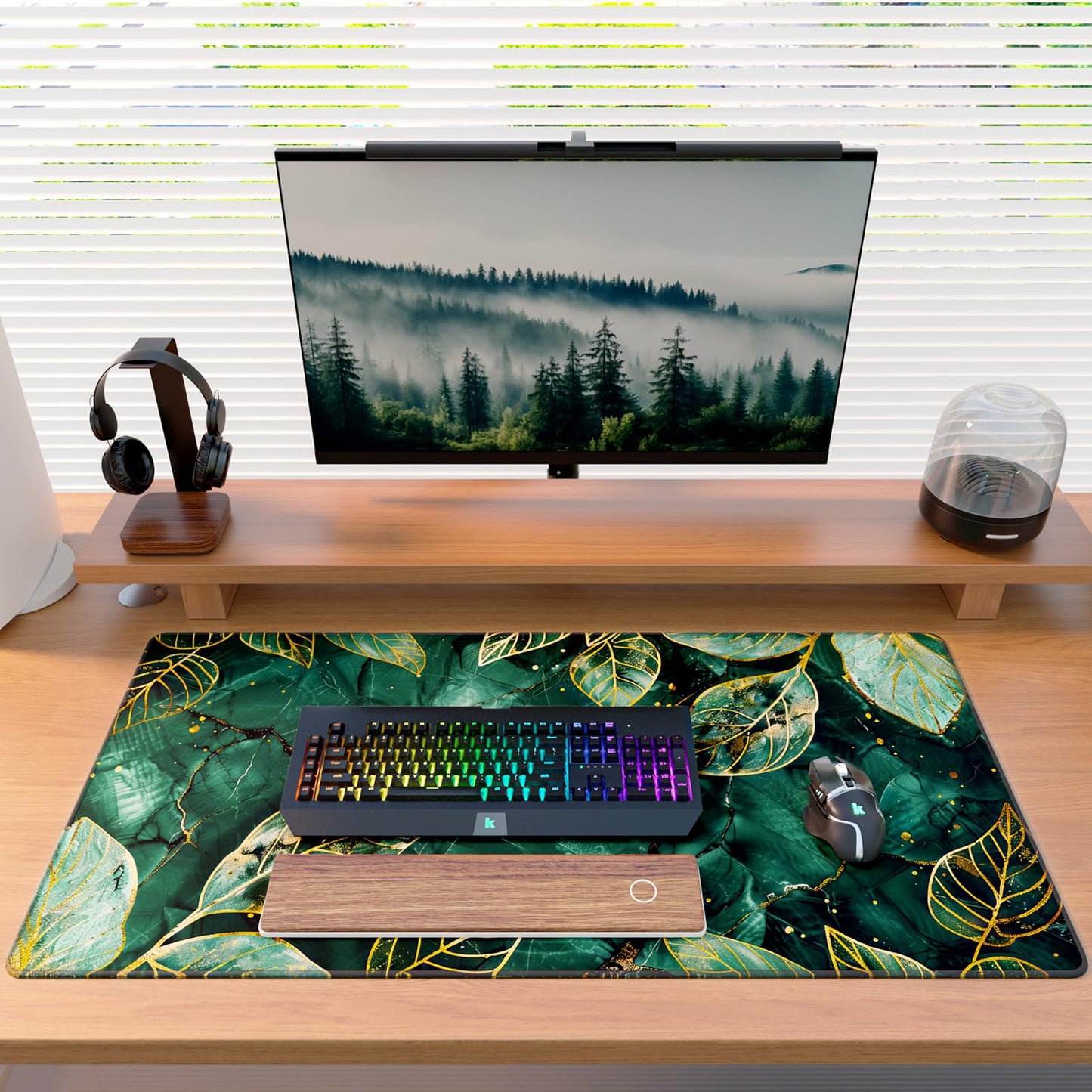 KTRIO Large Gaming Mouse Pad, Desk Mat, 31.5 x 15.7 in, Green Leaves, XXL