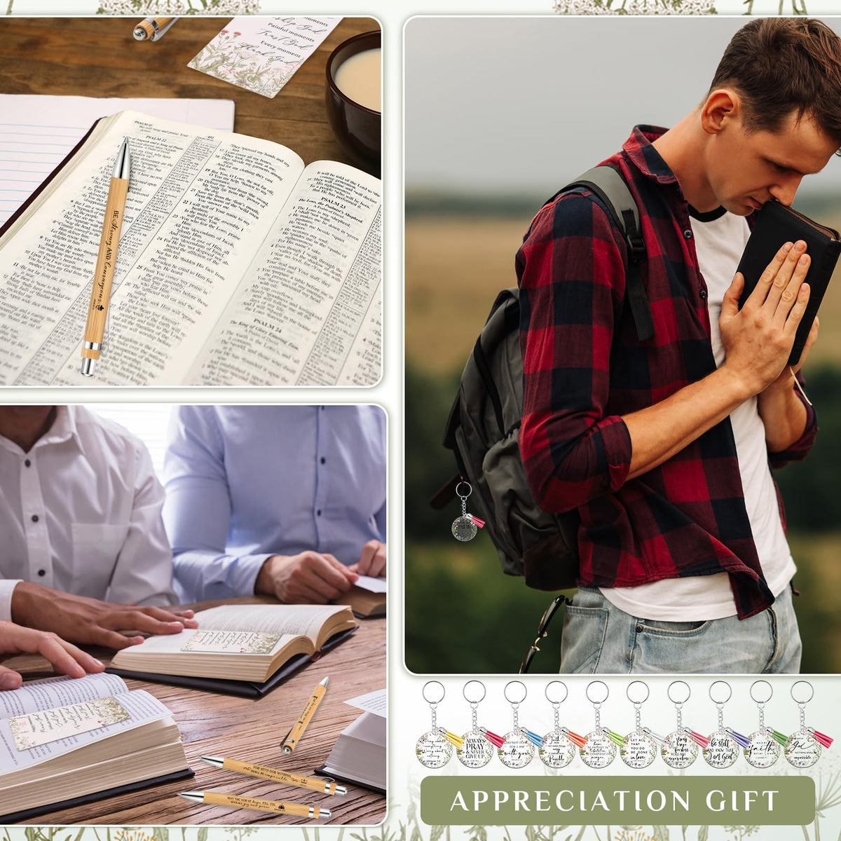 Spakon 50 Sets Christian Gifts Bulk Bible Verse Pens Keychain, Bible