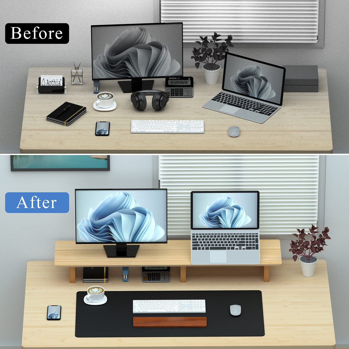 Aothia 43 inch Oak Solid Wood Dual Monitor Stand for Desk, Cork Legs
