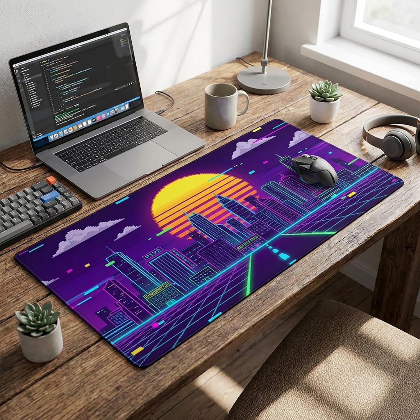 XXL Extended Gaming Mouse Pad, Cyberpunk Neon Synthwave Desk Mat Pixel
