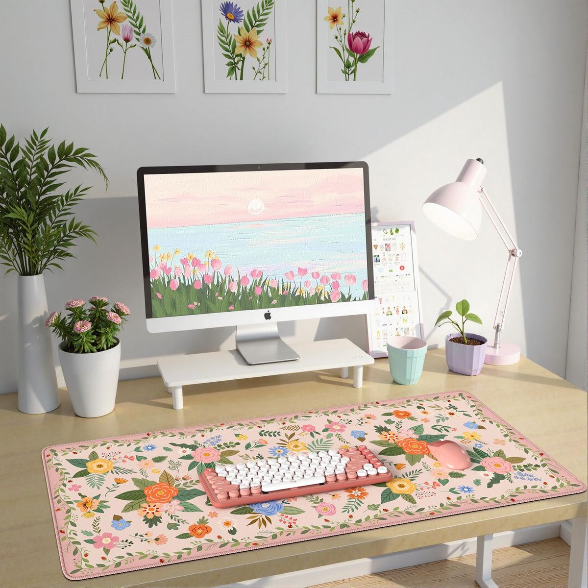 HAOCOO Light Pink Cute Deskmat, 35.4" x 15.7" Computer Pad for Home Desk