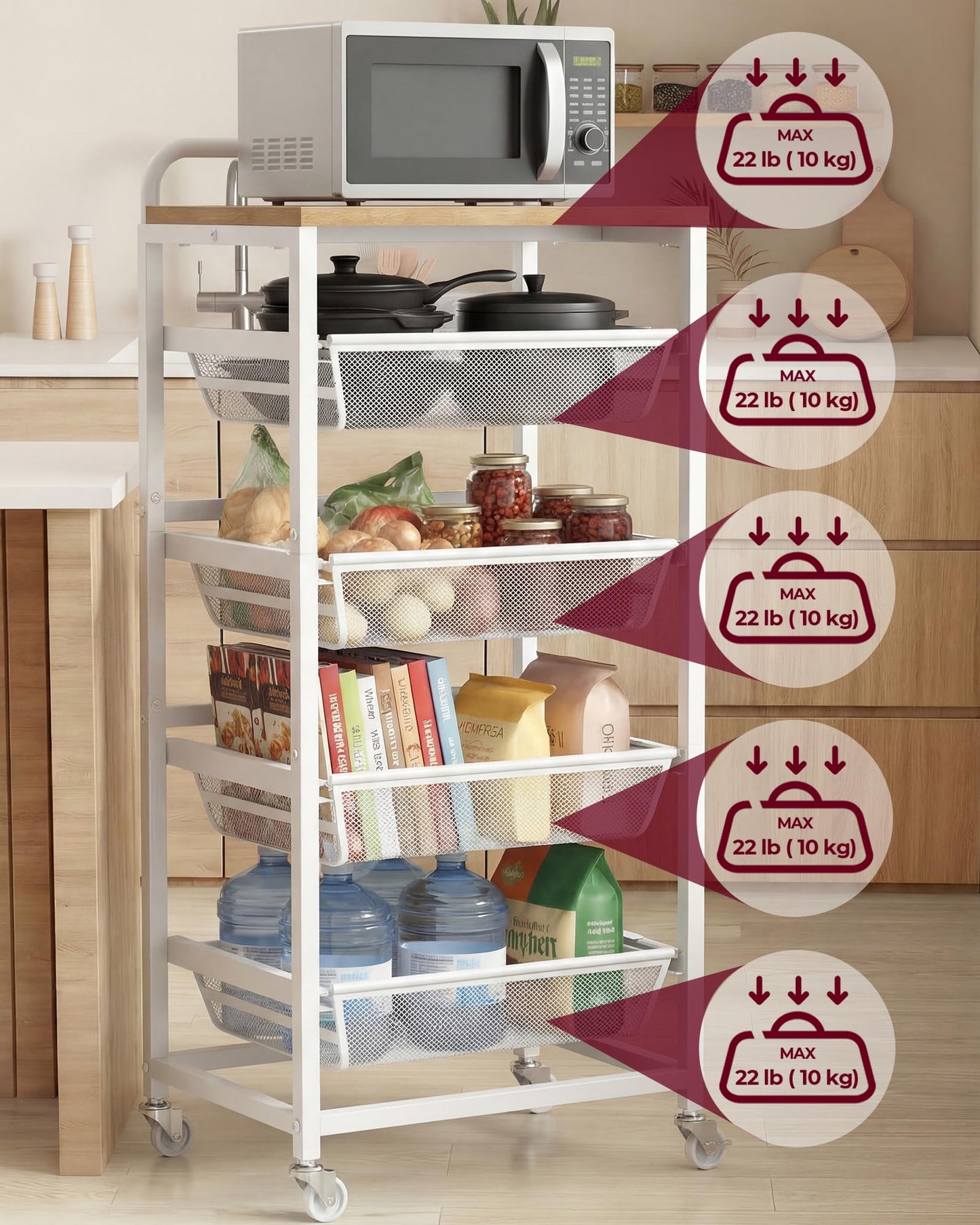 VASAGLE 5-Tier Storage Rolling Cart Organizer with Pull-Out Baskets