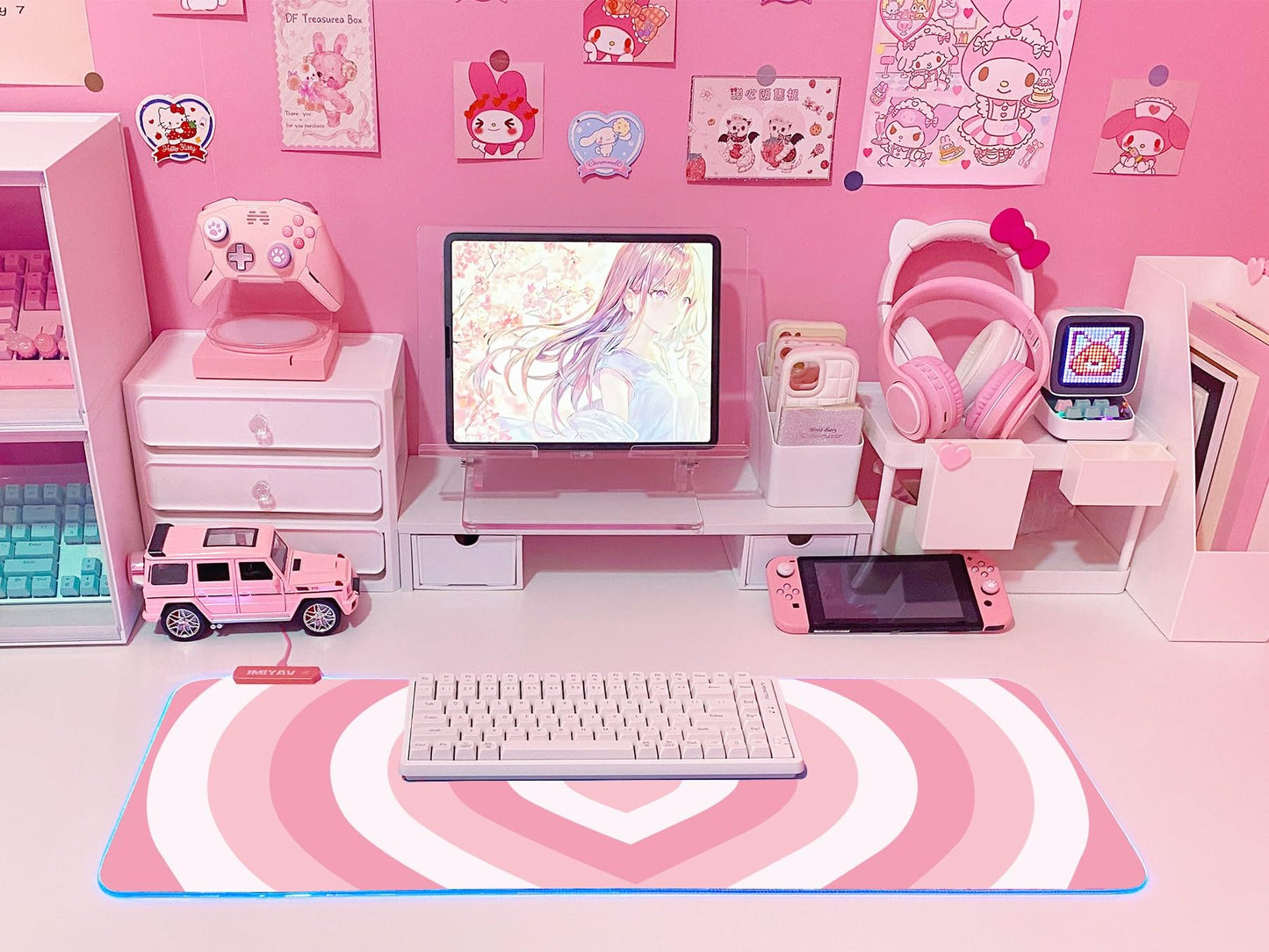 JMIYAV Pink Love Heart RGB Gaming Mouse Pad 31.5x12 Inch Cute Mousepad PC XL Large Extended Glowing