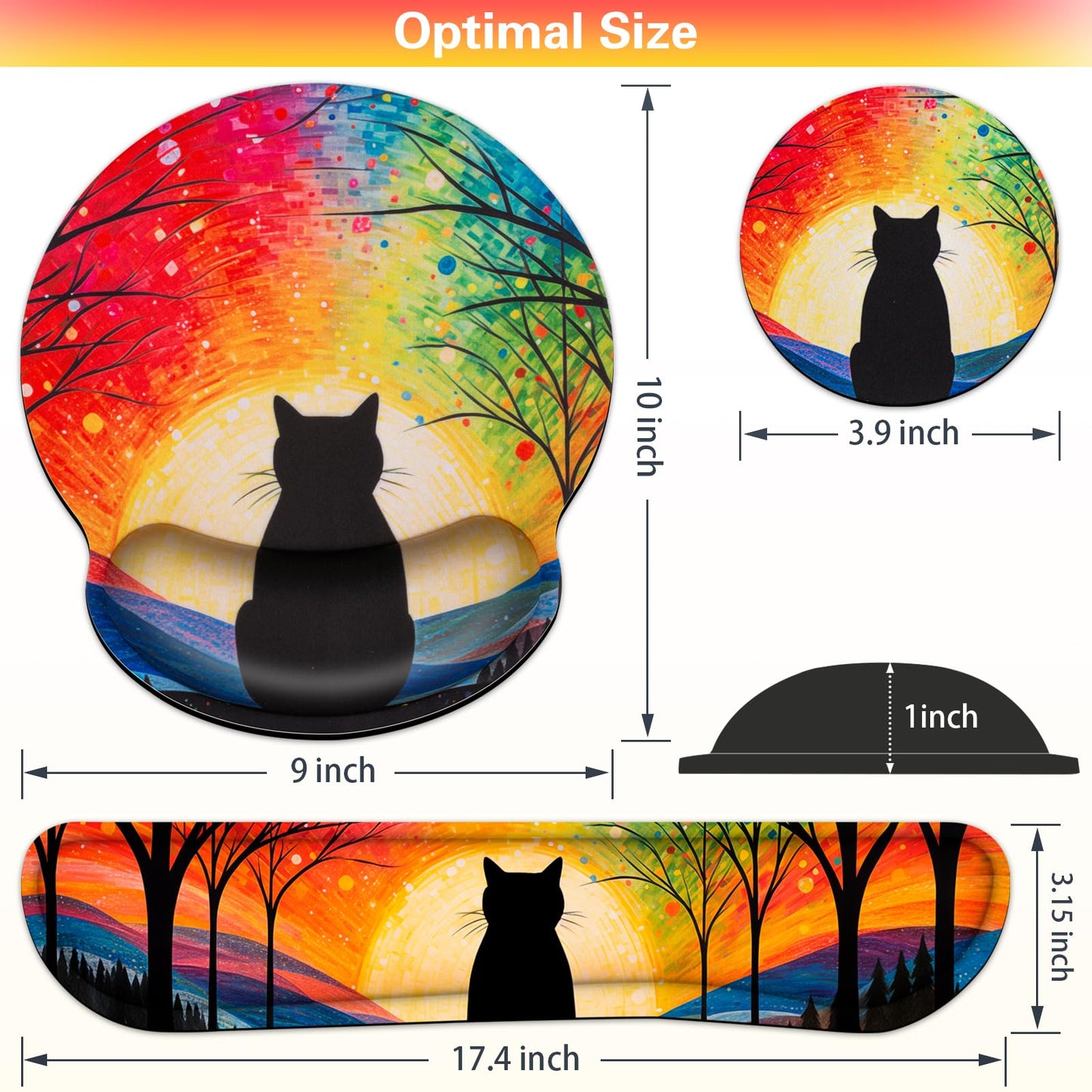 3-in-1 Mouse Pad with Wrist Rest Cute Black Cat Set