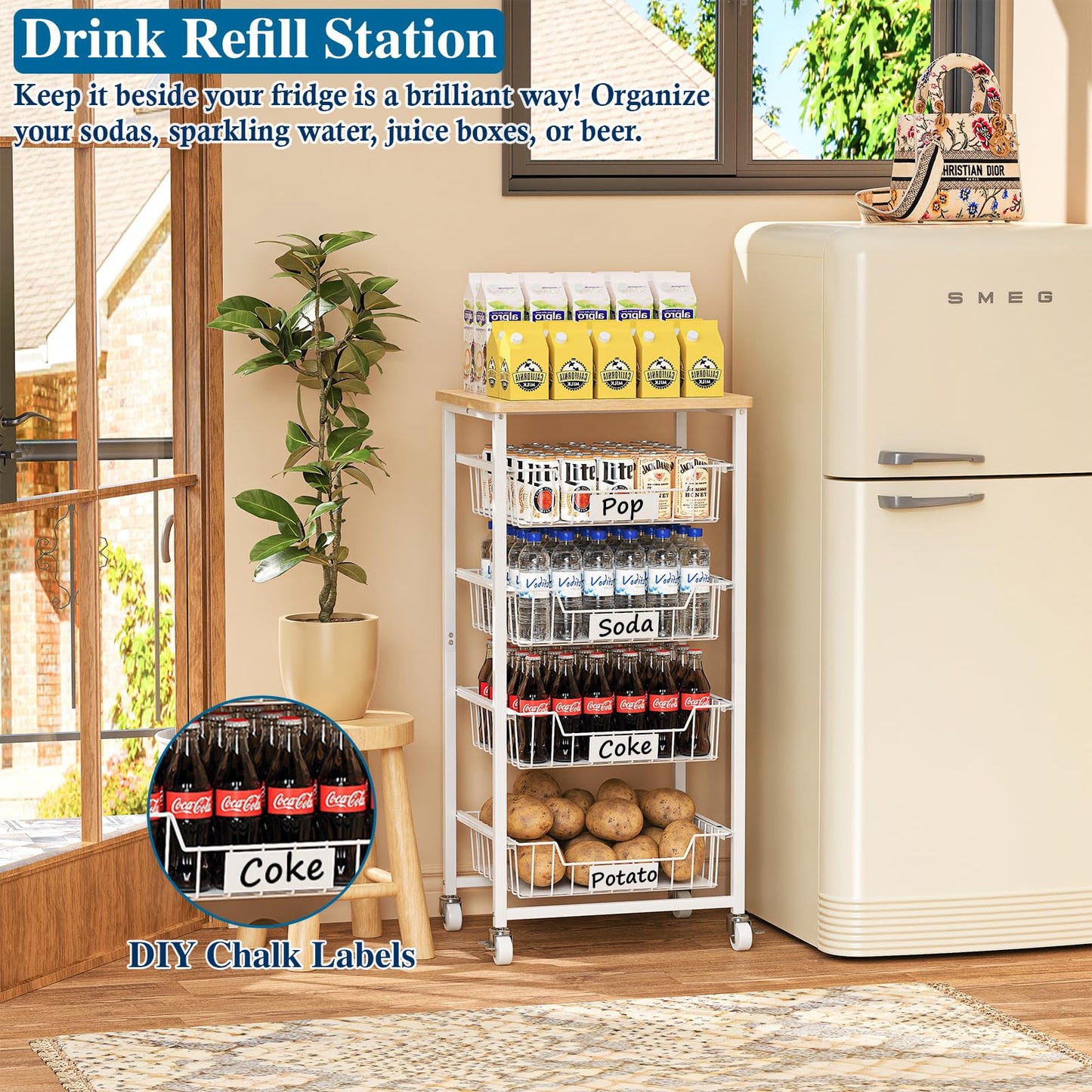 OKZEST 5-Tier Kitchen Storage Cart with 4 Upgraded Drawer Basket & Wood Top