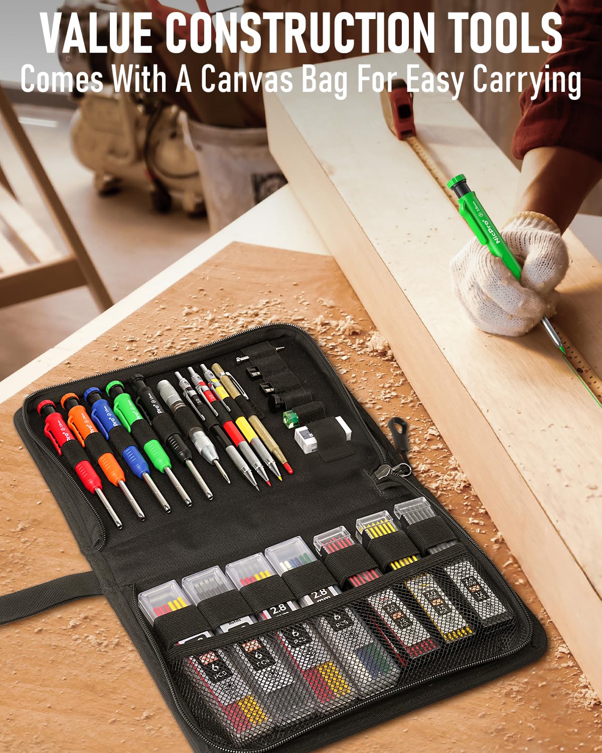 Nicpro 31 Pack Carpenter Pencil Set with Sharpener, Canvas Case
