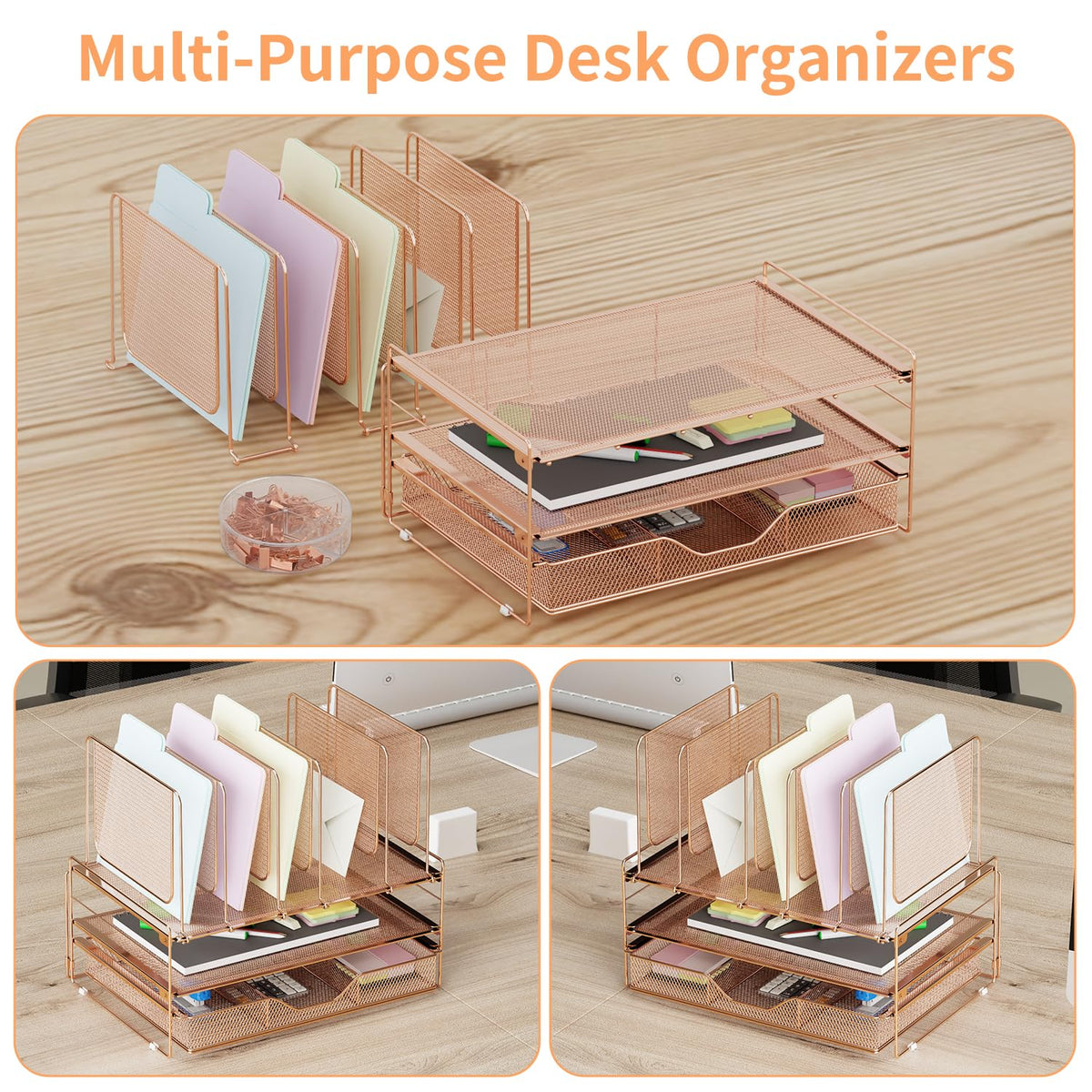 LEKETREE Rose Gold Desk Organizer, Office Organization with Vertical File Holder, File Organizer