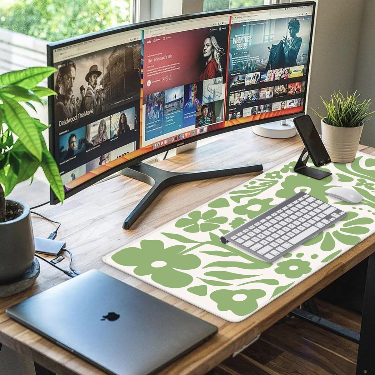 iCasso Desk Mat, Desk Matt for Desktop, Cute Desk Pad Mat, Green Flowers