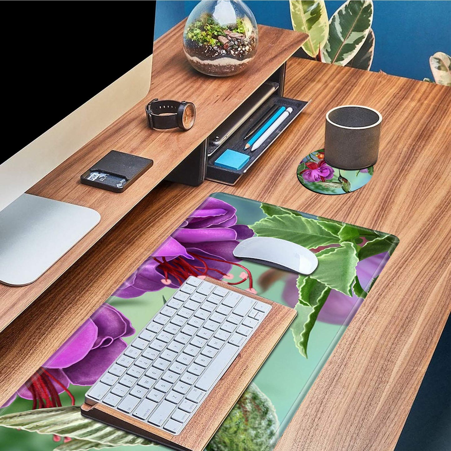 BEOTIWAD Large Mouse Pad with Cup Coaster, Hummingbird Flower
