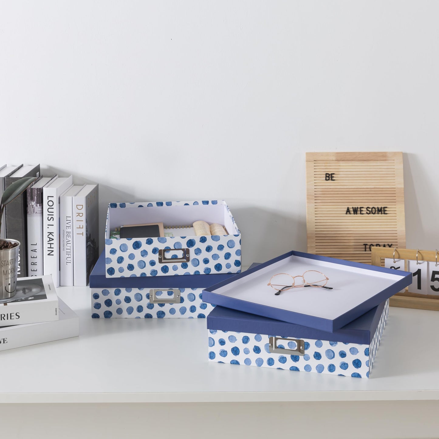 Soul & Lane - Decorative Storage Boxes with Lids, Set of 3, Blue Spots