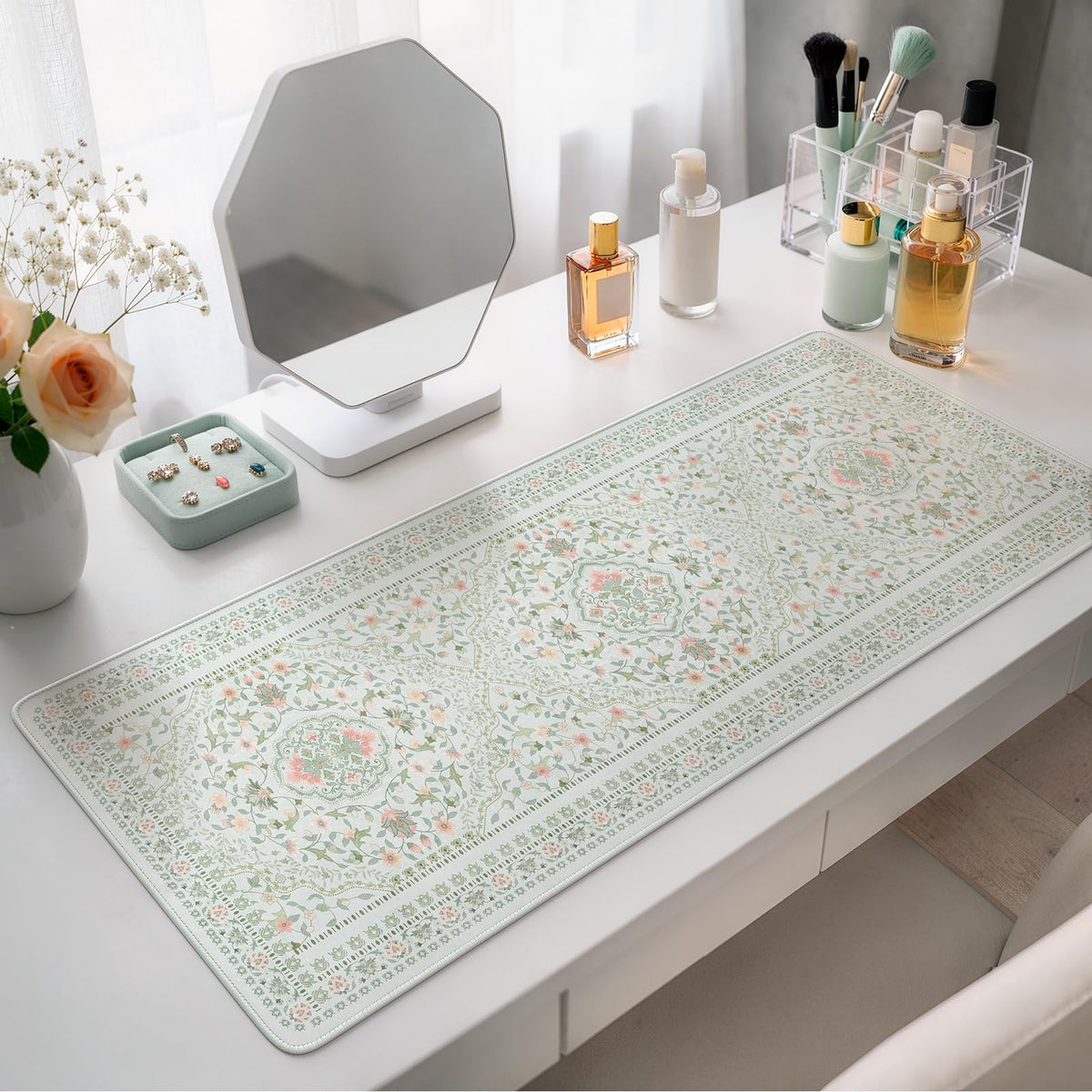HAOCOO Light Green Floral Deskmat, 31.5" x 11.8" Mousepad for Dorm Room