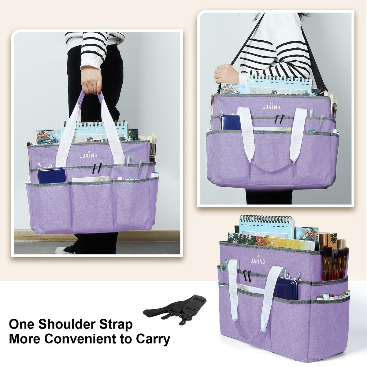 JJRING Craft Organizer Tote Bag Large Art Storage Caddy Lilac
