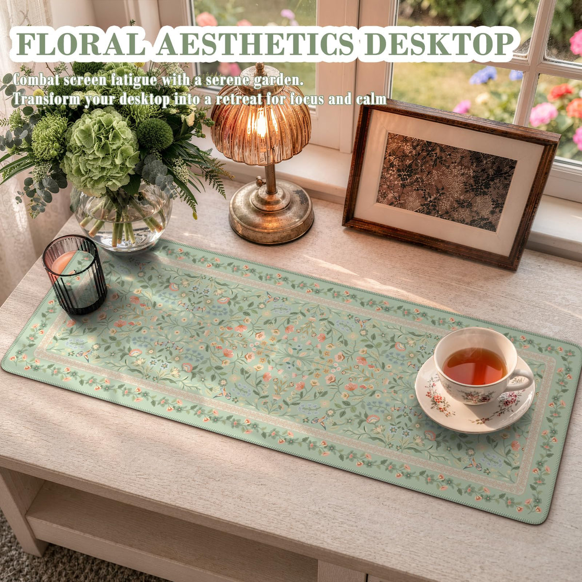 iCasso Aesthetic Floral Desk Mat,31.5x11.8in Mouse Pads,Light Green
