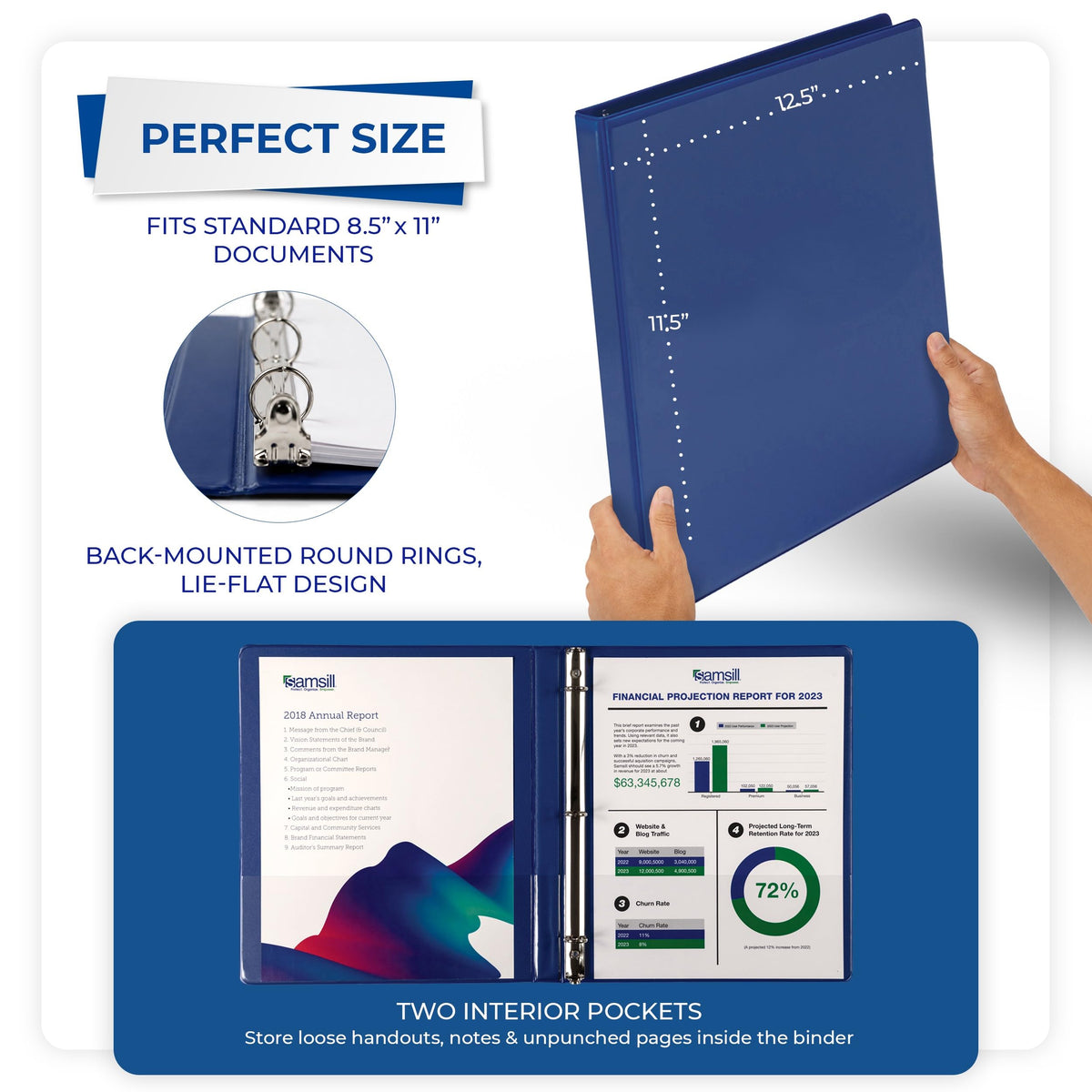 Samsill 0.5 Inch 3 Ring Binder, Economy Round Ring, Clear View Cover, 100 Sheet Capacity - for