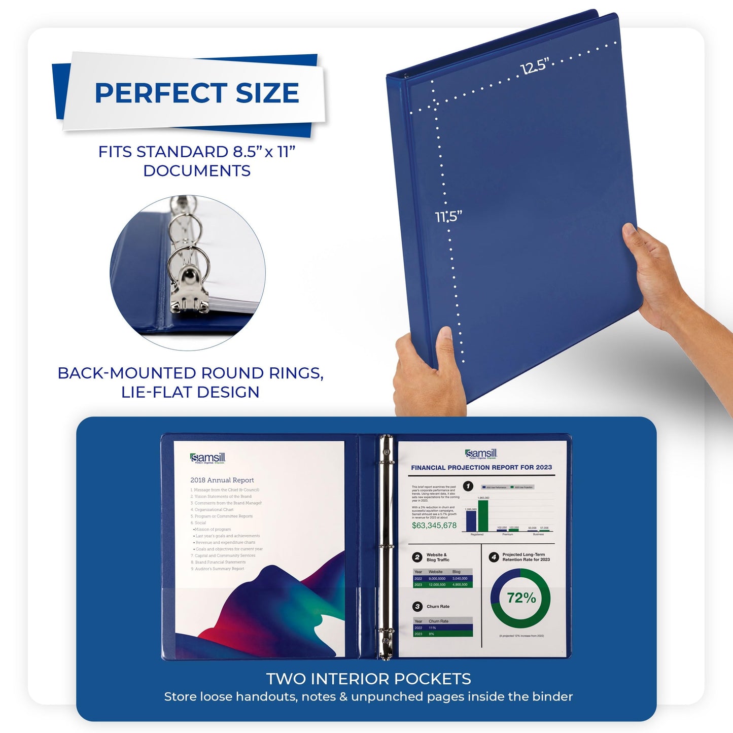 Samsill 1 Inch 3 Ring Binders, Economy Round Ring, Clear View Cover, 200 Sheet Capacity - for