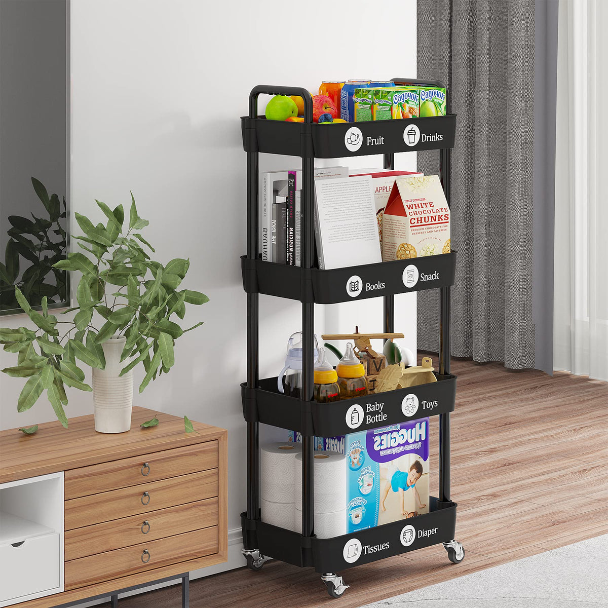 4 Tier Rolling Cart with Wheels, Utility Storage Carts,Black