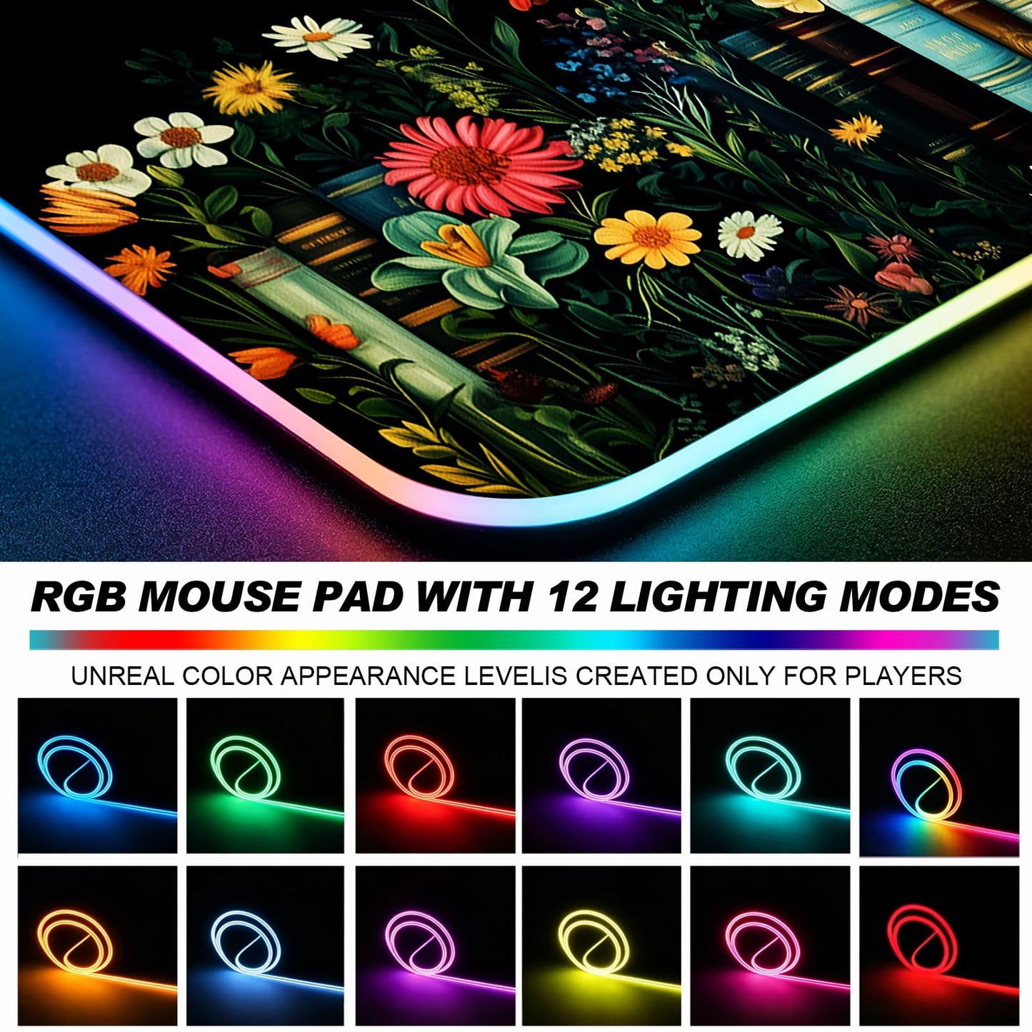 JIANG100 RGB Whimsical Wildflower Book Scene Gaming Desk Mat, XL Mouse Pad