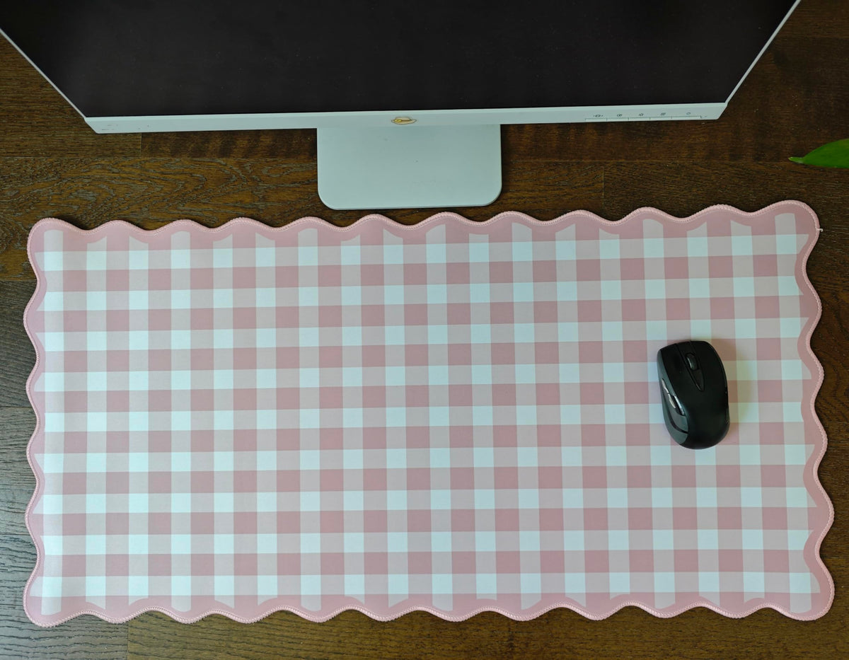 Scalloped Pink Checkered Gingham Desk Mat Cute Pastel Large Mouse Pad Kawaii Cottagecore Vintage