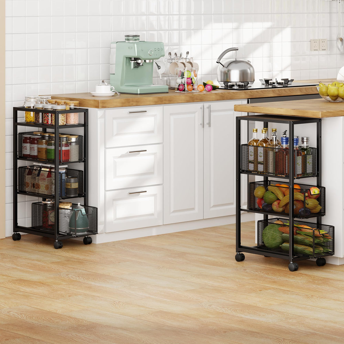 4 Tier Narrow Kitchen Rolling Cart, 9.1" Wide Slim Kitchen Storage Cart with Pull-Out Baskets