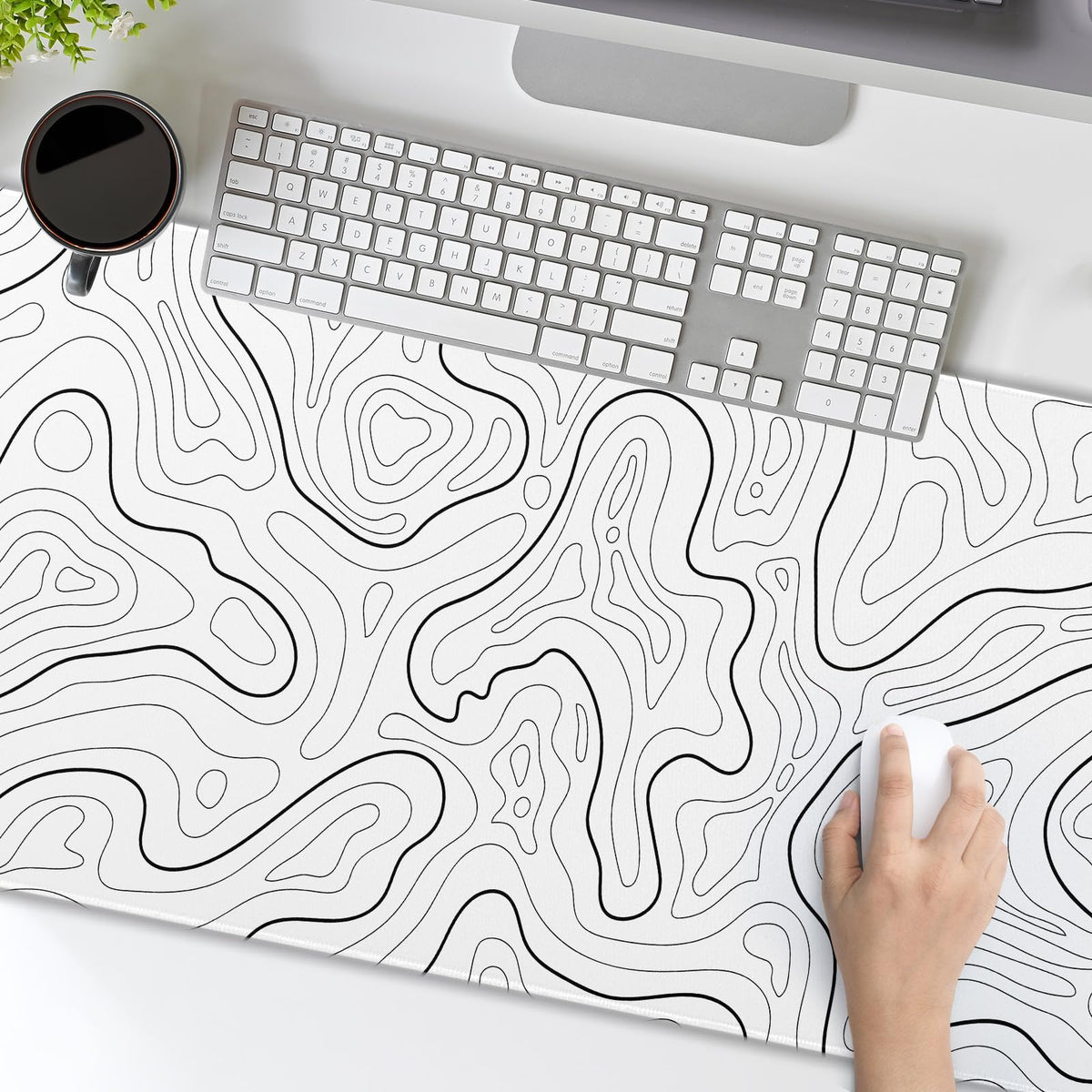White Topographic Contour Gaming Mouse Pad XXL Geographic Map Lines Minimalist Extended Large Mat