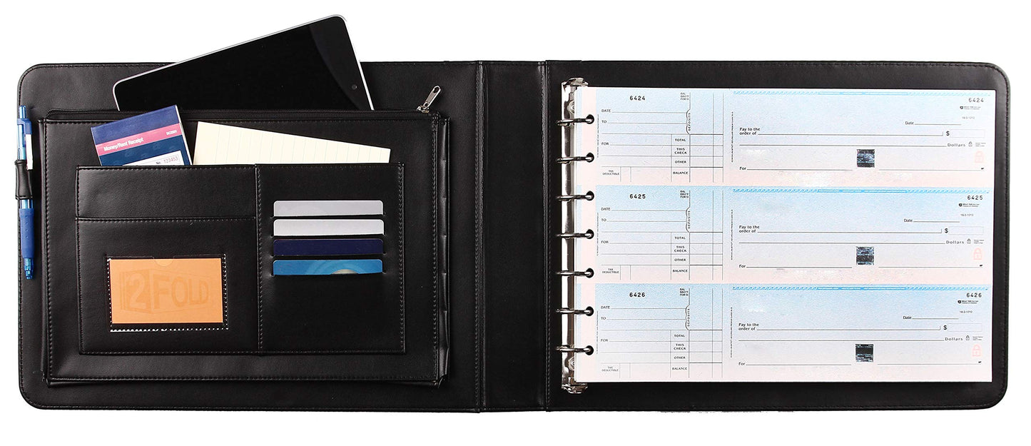 2Fold Business Check Binder 7 Ring for 3-Up Business Size Checks with Extra Business Card Case - PU