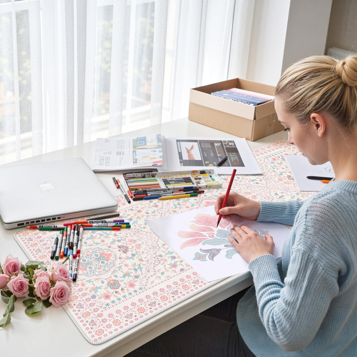 HAOCOO Pink Desk Matt, 35.4" x 15.7" Floral Mousepad for School Desk Use