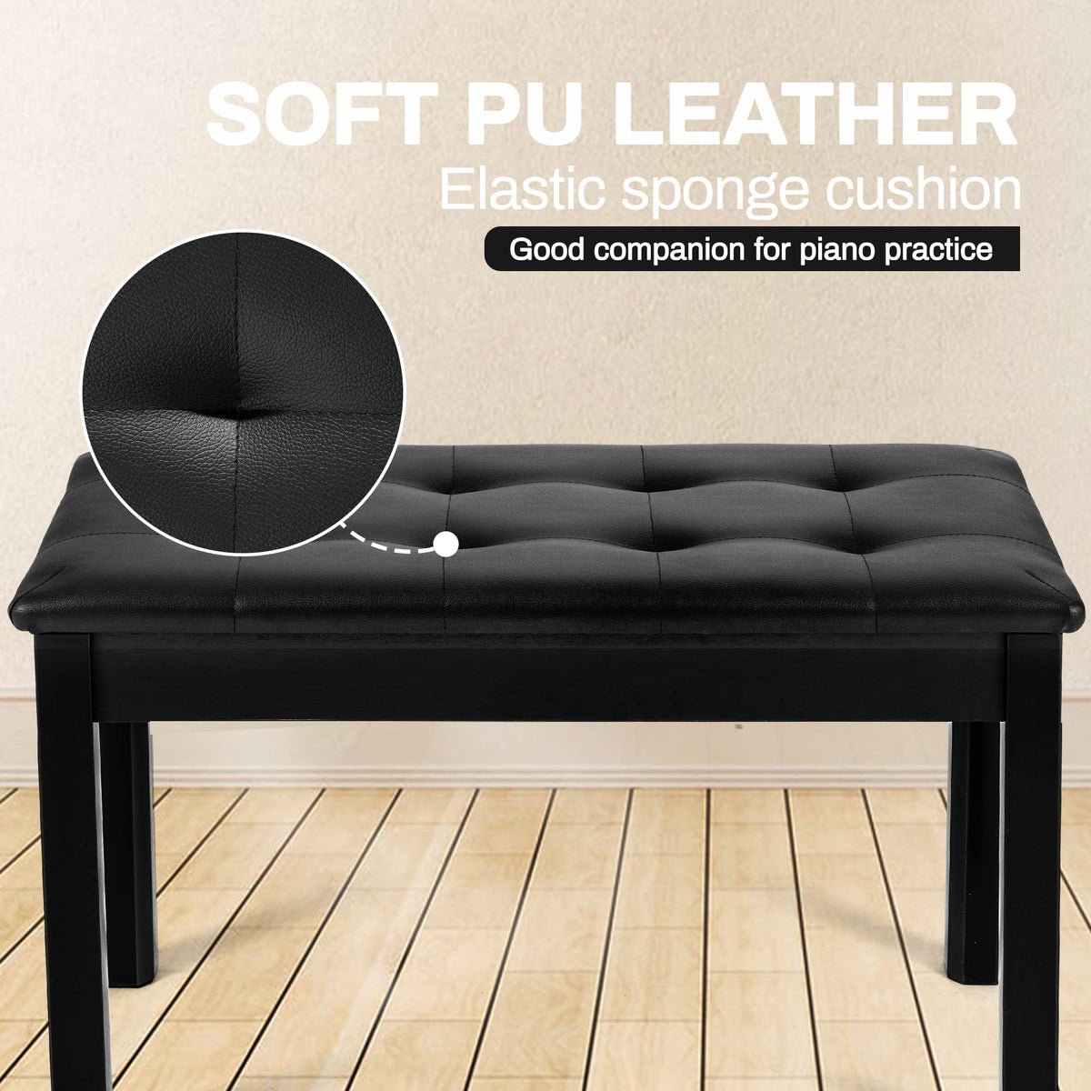 Wooden Duet Piano Bench with Padded Cushion and Storage Compartment, Black
