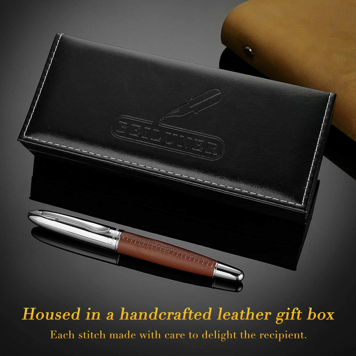 BEILUNER 318 Luxury Personalized Pen, Hand-Stitched Premium Brown Leather