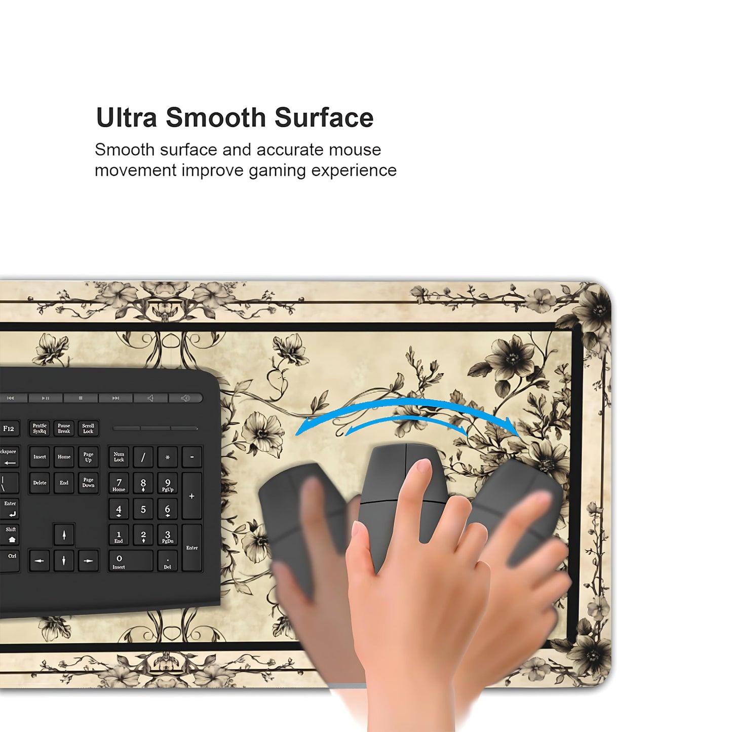 Floral Aesthetic Rose Gaming Mouse Pad, Earth Black Rug Desk Mat with Anti-Slip Base & Stitched