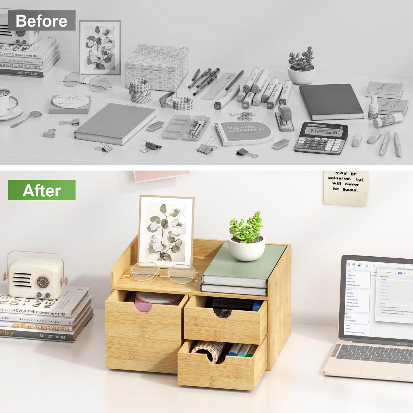 Bamboo Desk Organizer with Drawers, Desktop Storage for Office Supplies