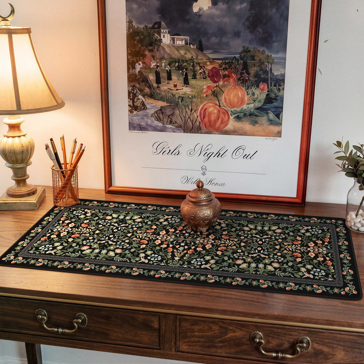 iCasso Aesthetic Floral Desk Mat,Retro Mouse Pads,31.5x11.8in, Black