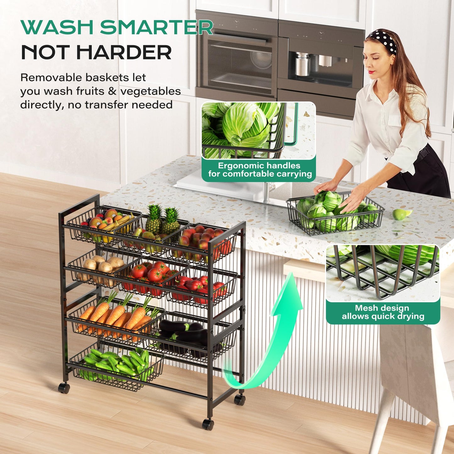 Cinati 4-Tier Snack Cart with Wheels, 29''W Toy Storage Organizer, Rolling Pantry Storage Cart with
