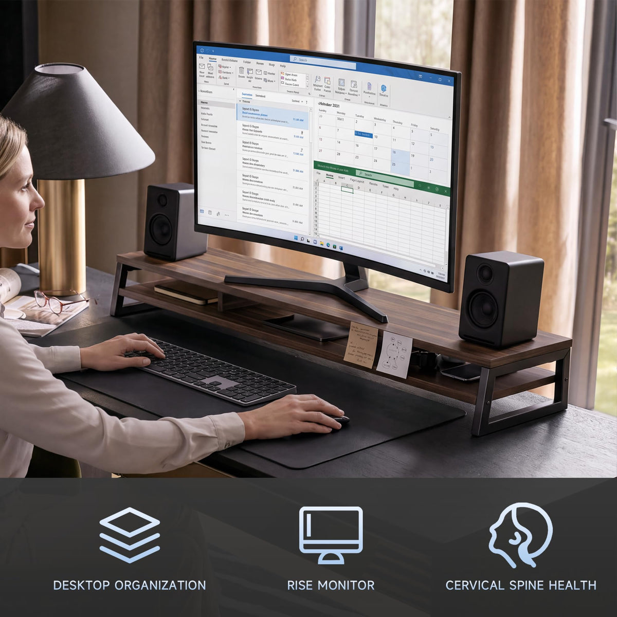 Fenge Dual Monitor Riser for Desk, Open Shelf with 3 Storage Compartments