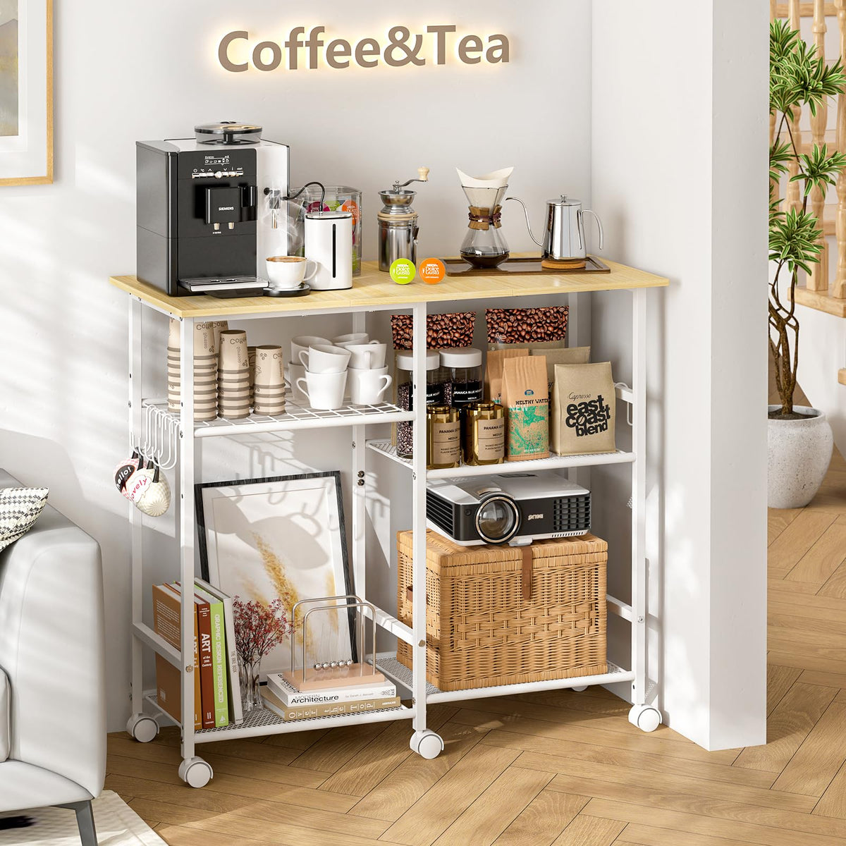 ThreeHio Kitchen Island cart with Storage, Mobile Kitchen Cart with 4 Hooks and Adjustable Shelf on