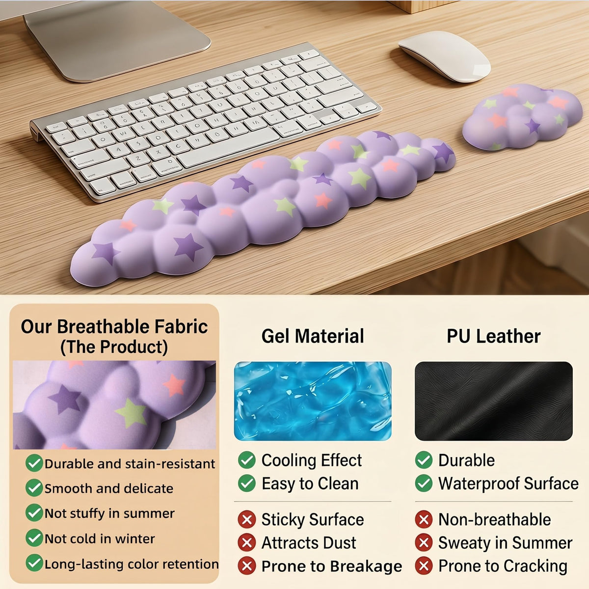 LJYZMD Cloud Wrist Rest Set for Keyboard & Mouse,Light Purple Colorful Star