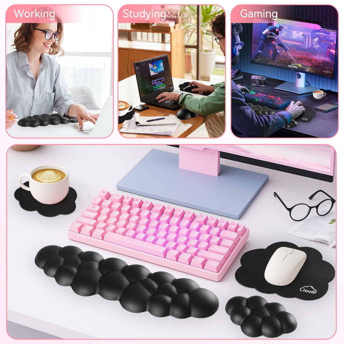 Sushret Cloud Wrist Rest for Computer Keyboard and Mouse Pad Set, Black