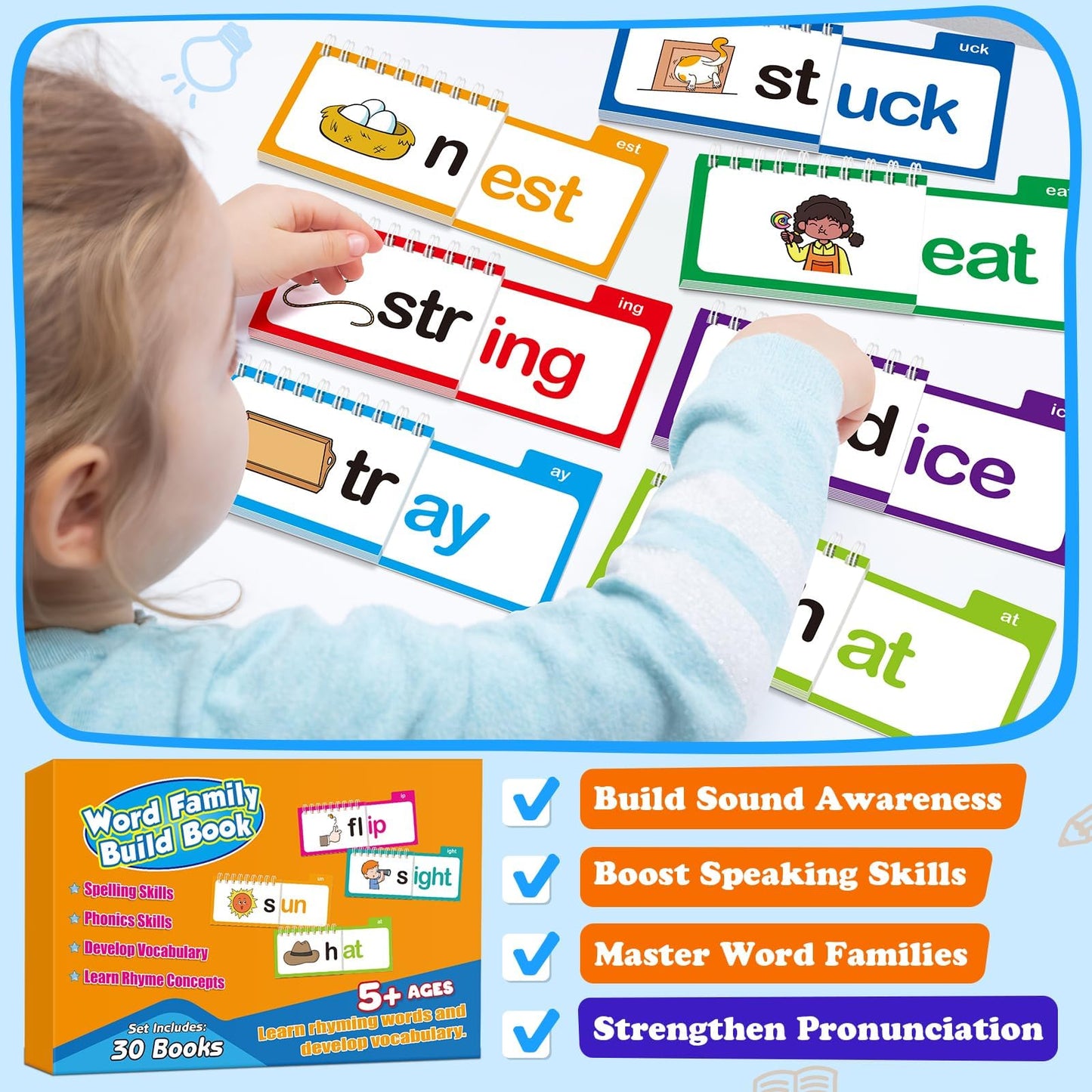 Phonics Flash Cards & Word Family Build Book Learn to Read Kids Flip Books