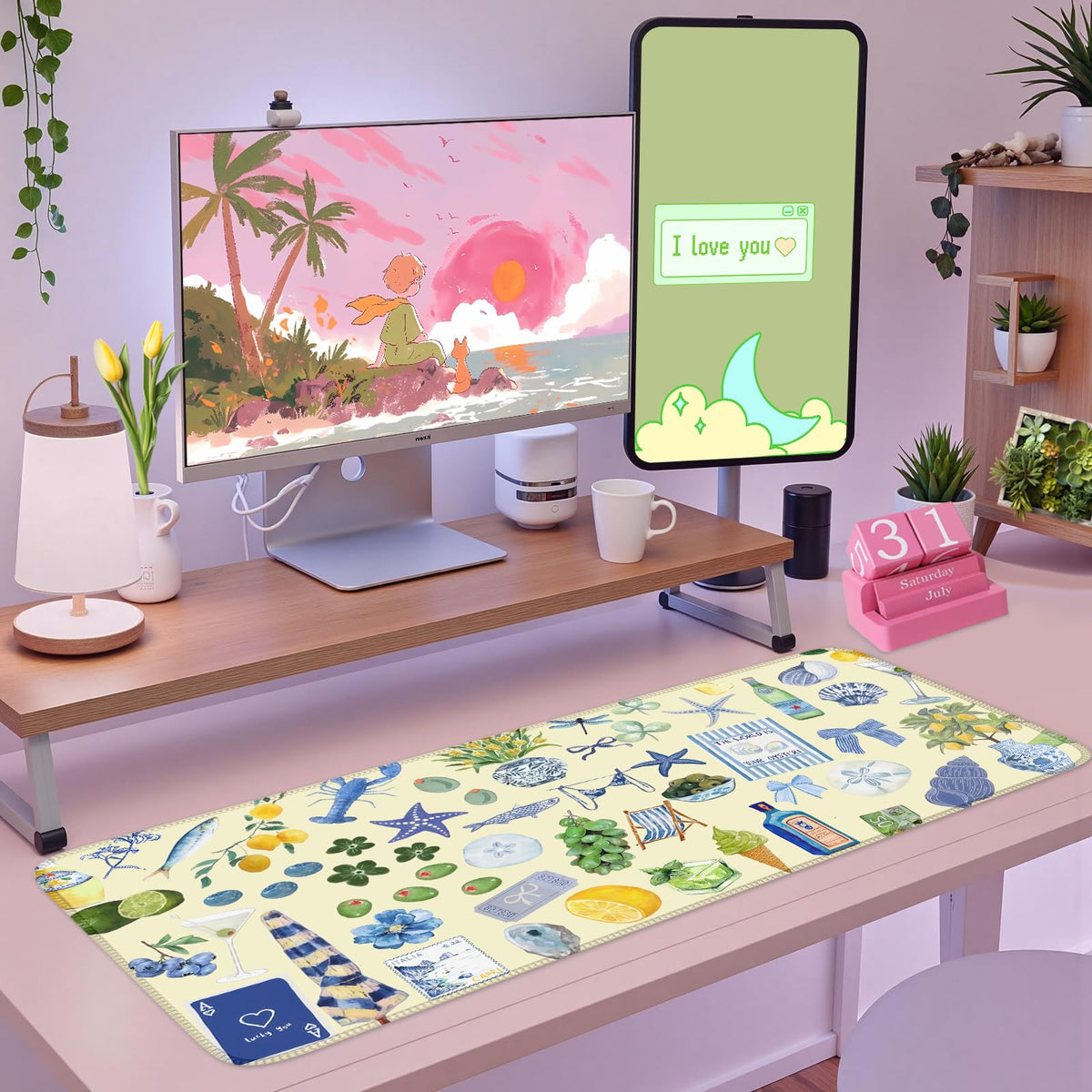 Nasdalgias Cute Pastel Coastal Desk Mat with Vibrant Sea Life Beige Large Mouse Pad Cozy Aesthetic