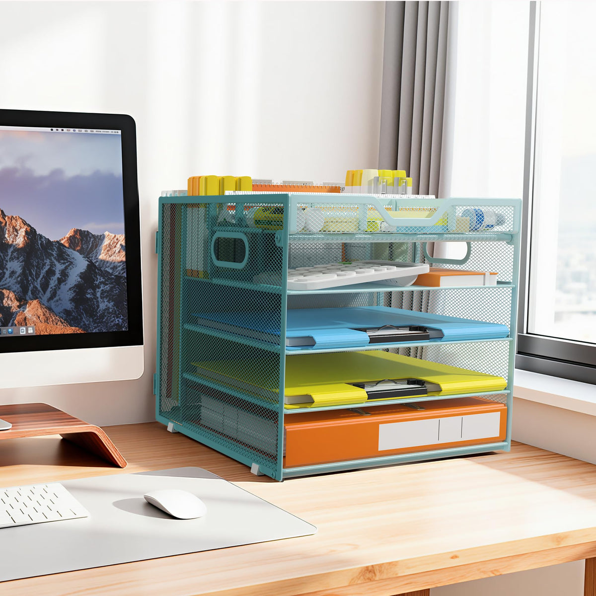 Docnest 5 Tier Desk Organizer with Hanging File Folder Holder&Tray, Blue