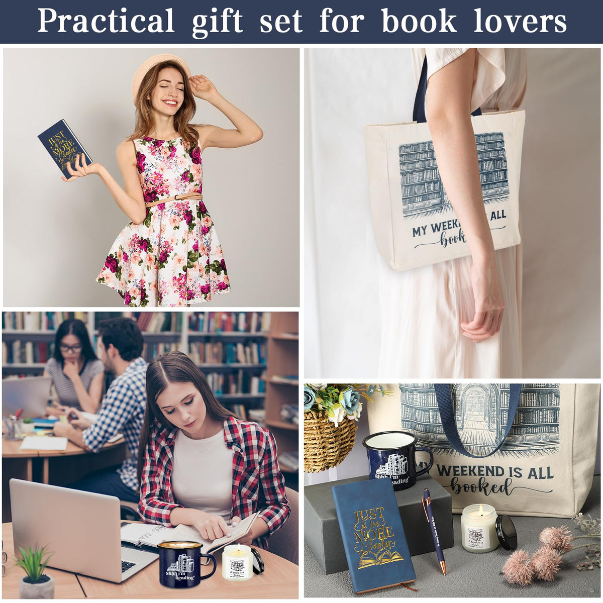 Jetec 5 Piece Book Lovers Set, Canvas Tote Bag Notebook, Candle, Blue