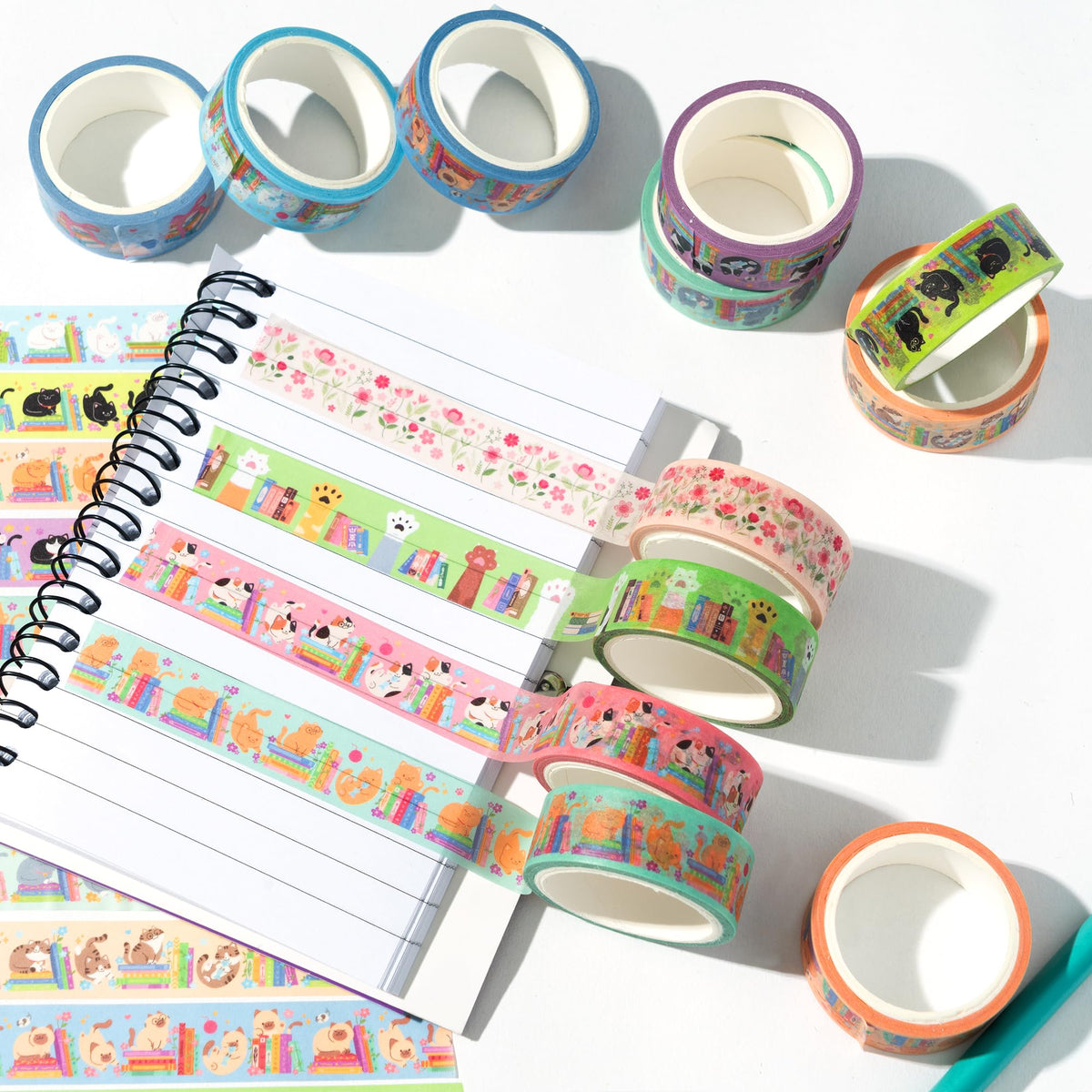 BkeeCten Cats Books Washi Tape - 24 Pcs Cute Trendy Colored Aesthetic Stacking Book Decorative Cat